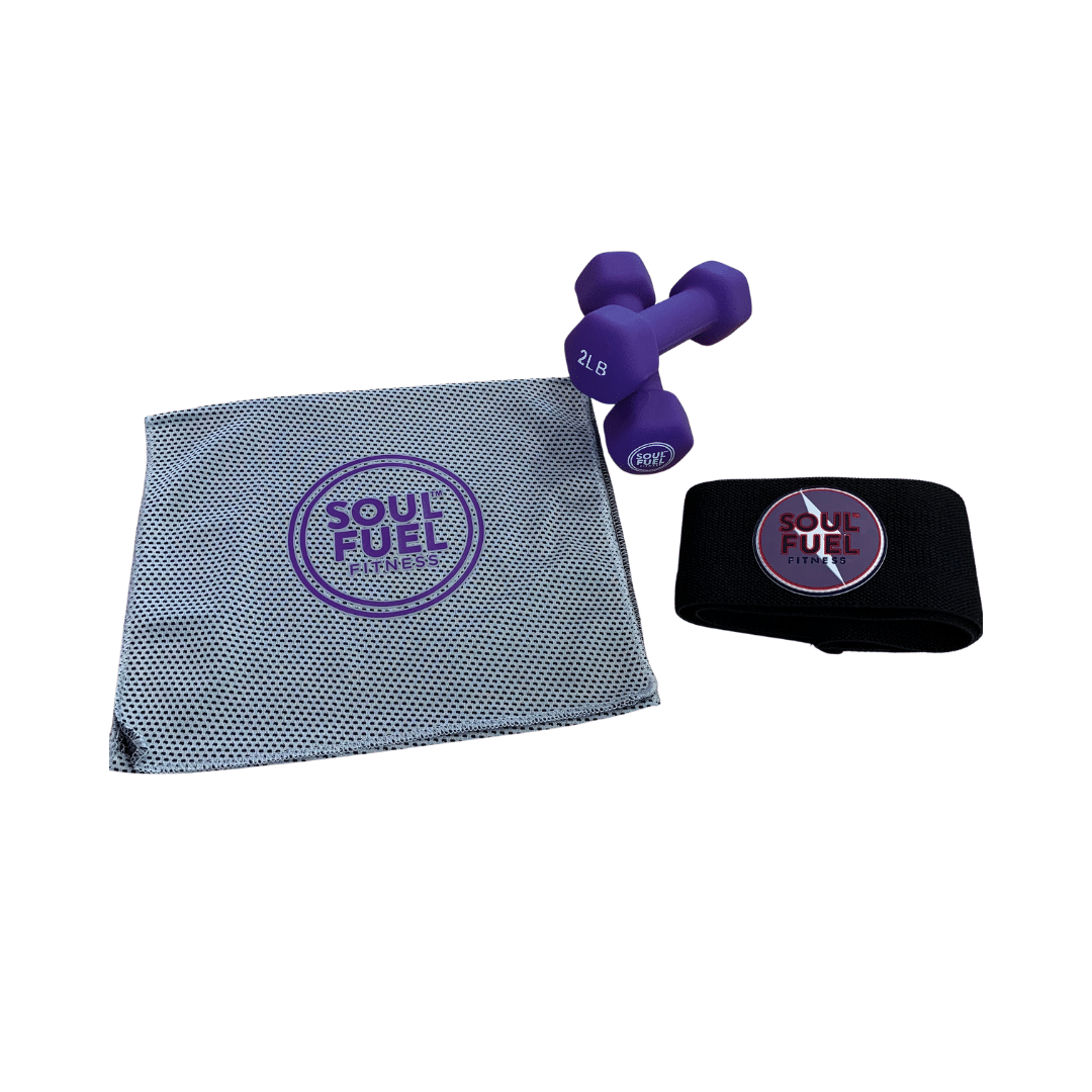 SOUL FUEL pilates pack with glider towel/stretch strap, resistance band and 2lb dumbbells
